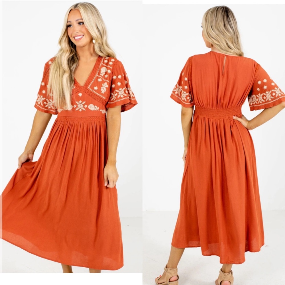 Boutique In Bloom burnt Orange boho midi dress M